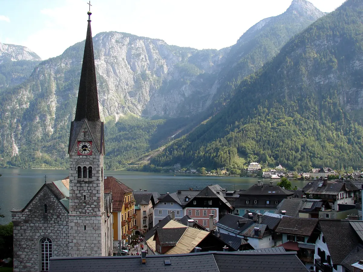 The tower of the Protestant church in Hallstatt above the lake