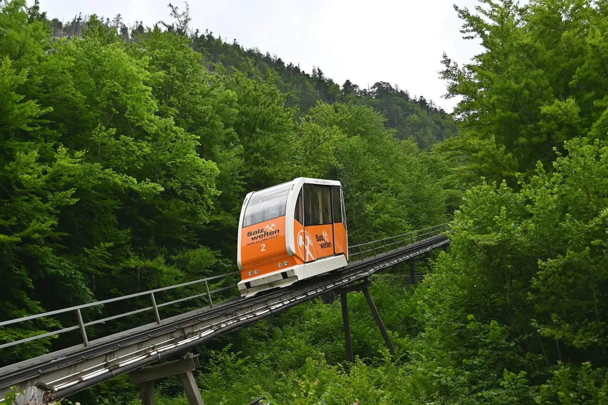 A car of the former Salzberg funicular in the forest above Hallstatt